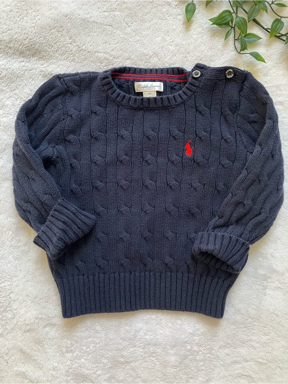 Ralph Lauren Baby Cable Knit Sweater Navy Red Pony 18M Cotton